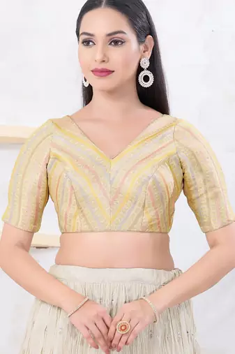 Women's jacquard padded back open elbow sleeves saree blouse