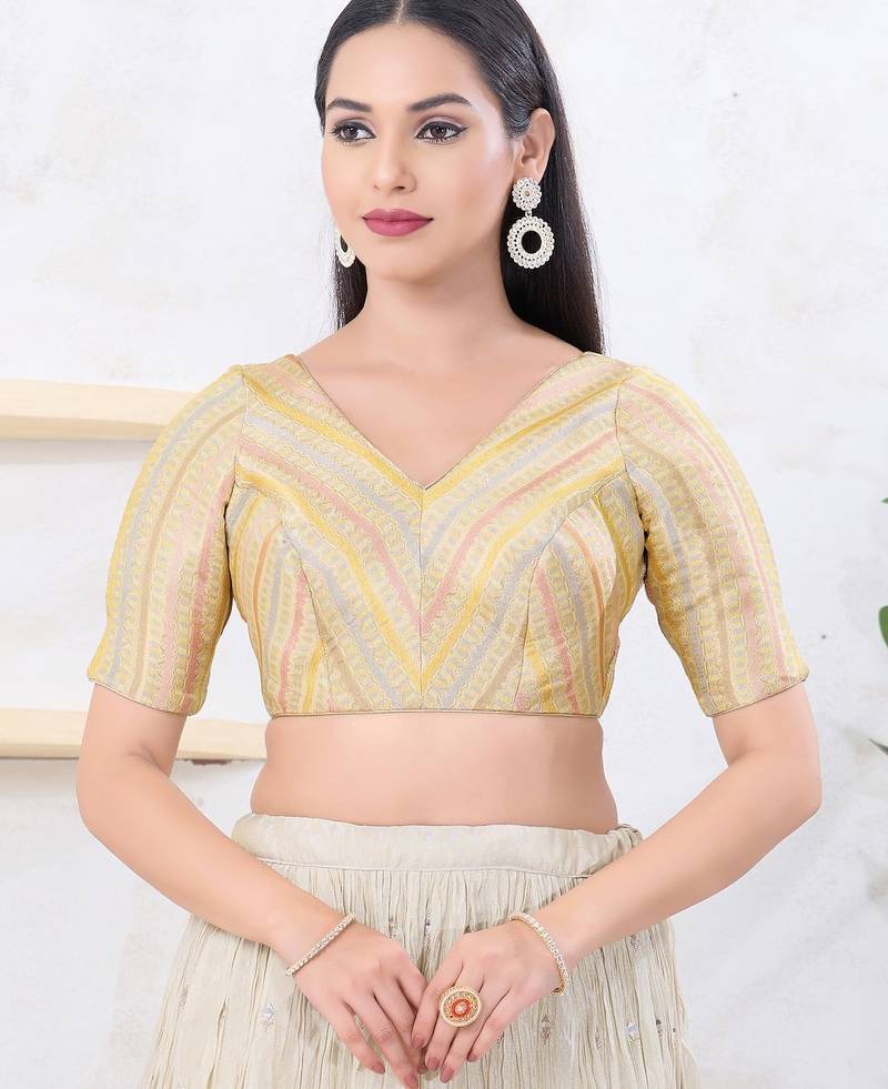 Women's jacquard padded back open elbow sleeves saree blouse