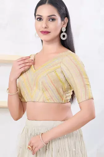 Women's jacquard padded back open elbow sleeves saree blouse