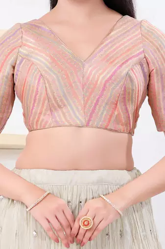 Women's jacquard padded back open elbow sleeves saree blouse