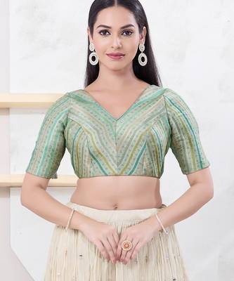 Women's jacquard padded back open elbow sleeves saree blouse 1