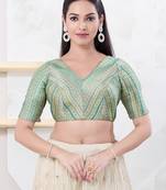 Women's jacquard padded back open elbow sleeves saree blouse