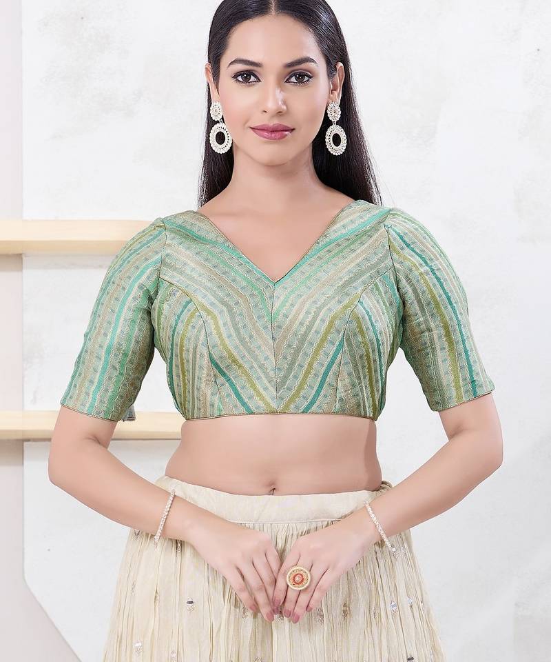 Women's jacquard padded back open elbow sleeves saree blouse