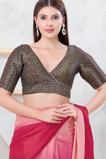 Women's brocade padded back open elbow sleeves saree blouse