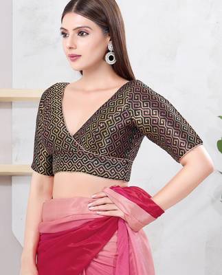 Women's brocade padded back open elbow sleeves saree blouse 3