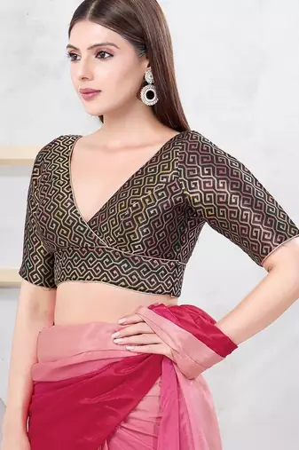 Women's brocade padded back open elbow sleeves saree blouse