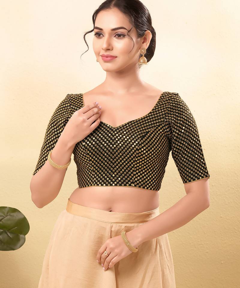 Women's mulbury silk padded back open elbow sleeves saree blouse
