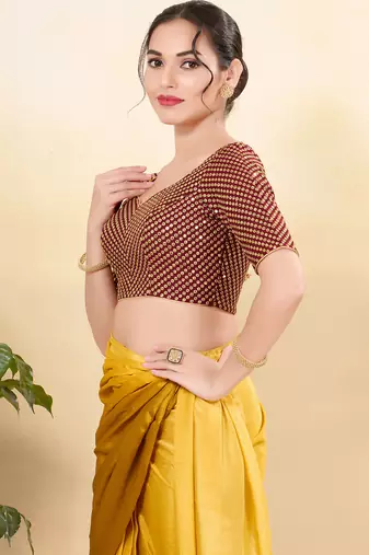 Women's mulbury silk padded back open elbow sleeves saree blouse