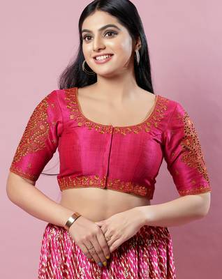 Women's silk padded front open elbow sleeves saree blouse 1