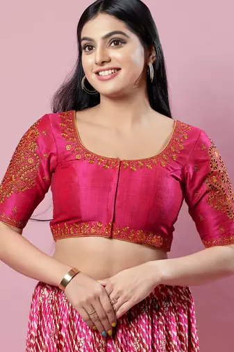 Women's silk padded front open elbow sleeves saree blouse