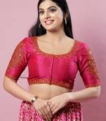 Women's silk padded front open elbow sleeves saree blouse