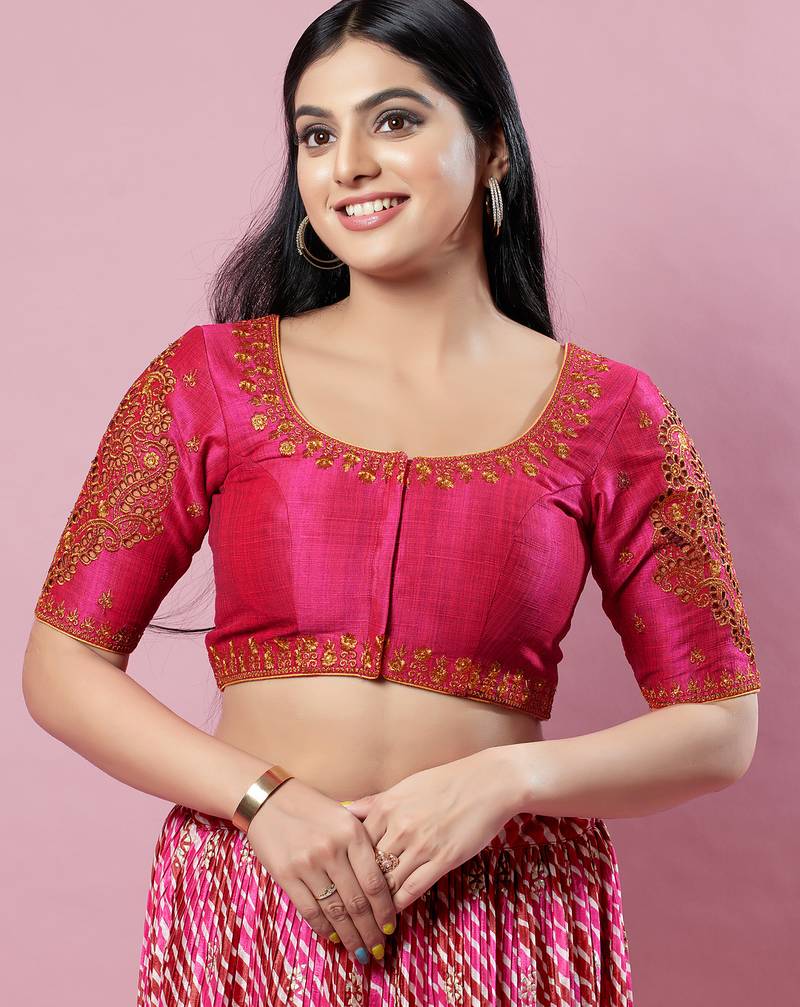 Women's silk padded front open elbow sleeves saree blouse