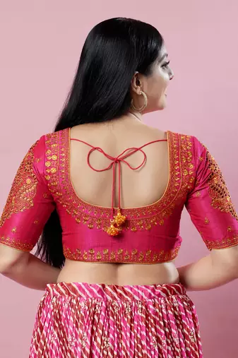 Women's silk padded front open elbow sleeves saree blouse