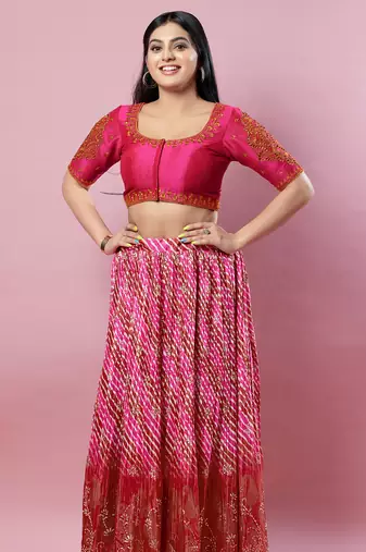 Women's silk padded front open elbow sleeves saree blouse