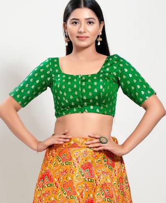 Women's brocade padded front open elbow sleeves saree blouse 1