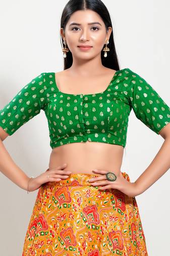 Women's brocade padded front open elbow sleeves saree blouse