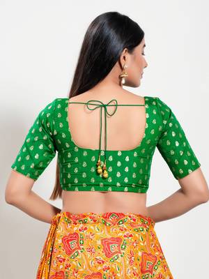 Women's brocade padded front open elbow sleeves saree blouse 2