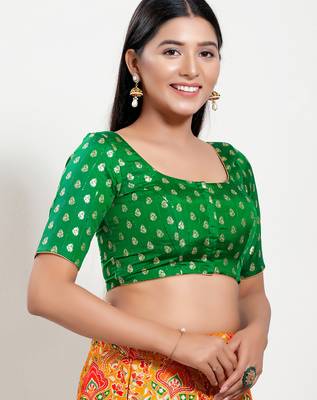 Women's brocade padded front open elbow sleeves saree blouse 3
