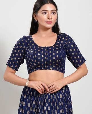 Women's brocade padded front open elbow sleeves saree blouse 1