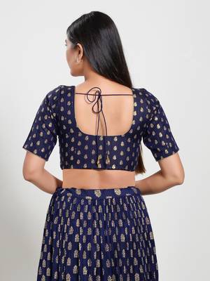 Women's brocade padded front open elbow sleeves saree blouse 2