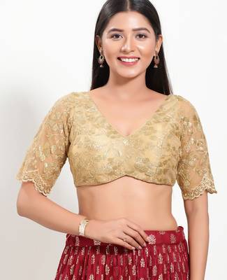 Women's net padded back open elbow sleeves saree blouse 1