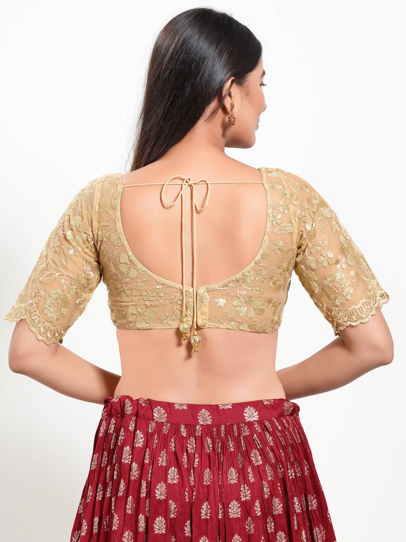 Women's net padded back open elbow sleeves saree blouse