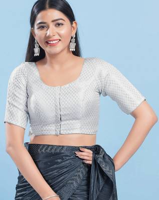Women's brocade padded front open elbow sleeves saree blouse 1