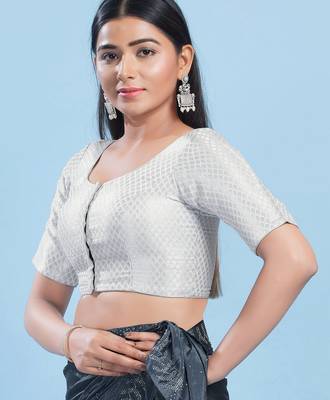 Women's brocade padded front open elbow sleeves saree blouse 3