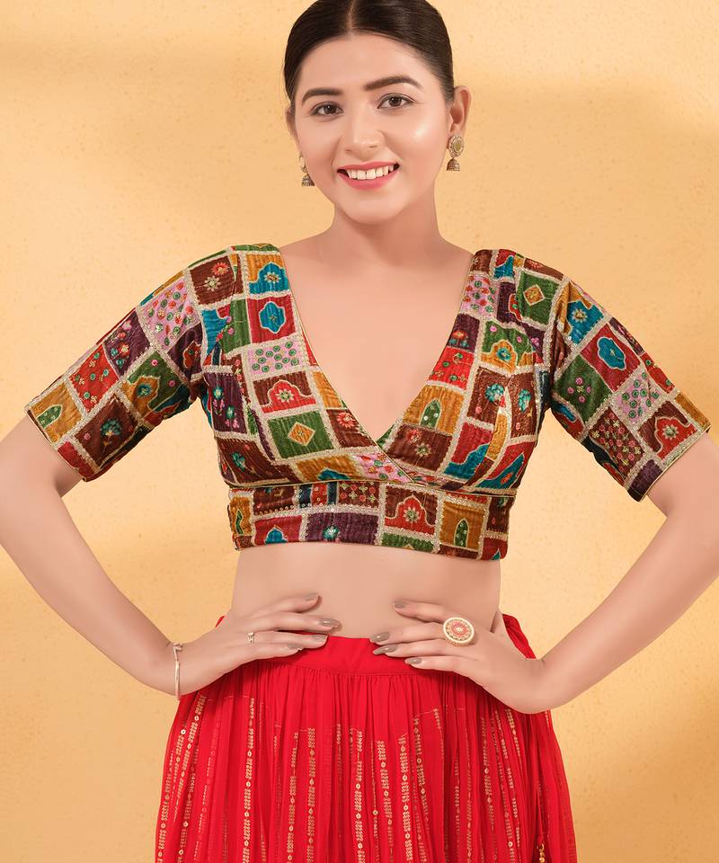 Women's velvet padded back open elbow sleeves saree blouse
