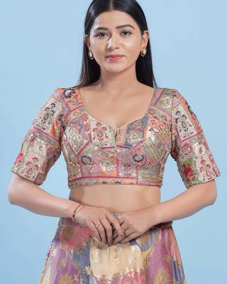 Women's jain silk padded back open elbow sleeves saree blouse 1