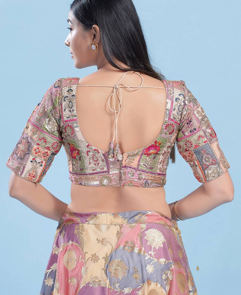 Women's jain silk padded back open elbow sleeves saree blouse