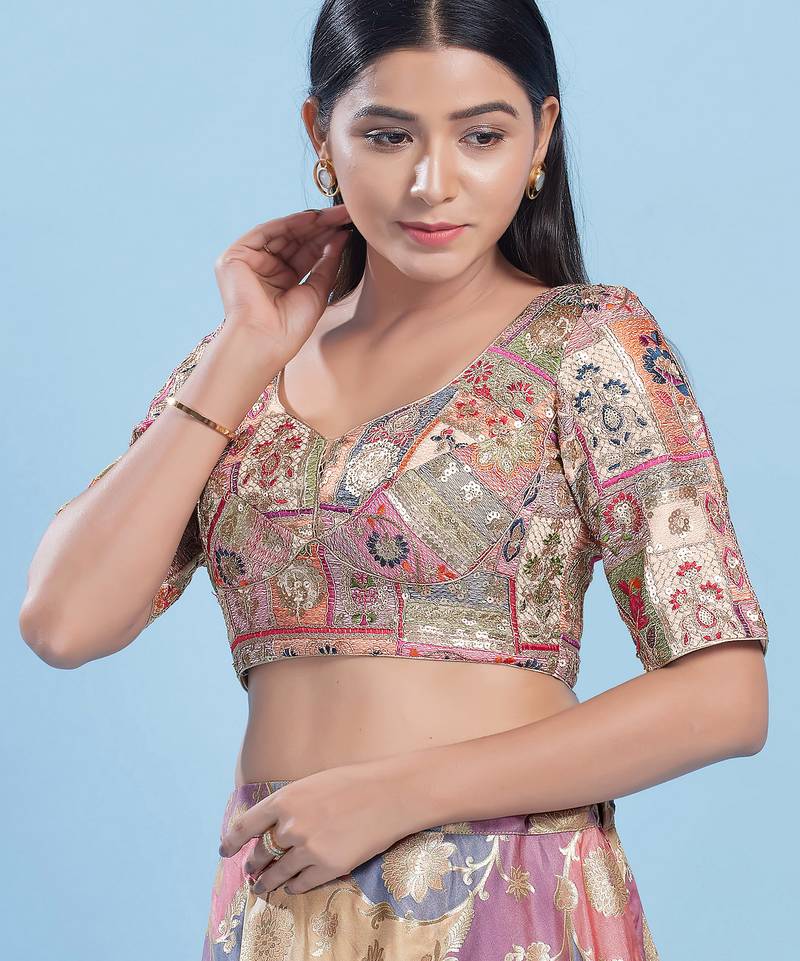 Women's jain silk padded back open elbow sleeves saree blouse