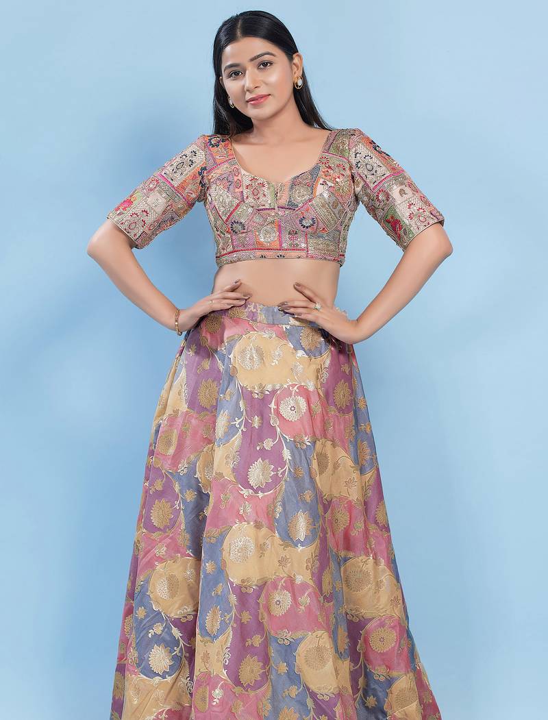 Women's jain silk padded back open elbow sleeves saree blouse