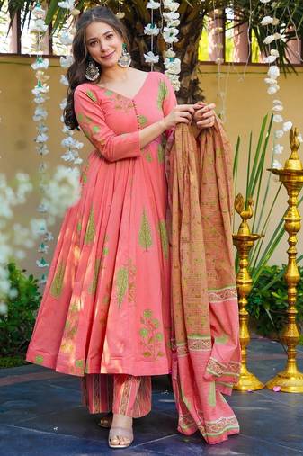 Red floral printed silk blend fully flared anarkali suit