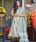 Cream floral printed silk blend fully flared anarkali suit