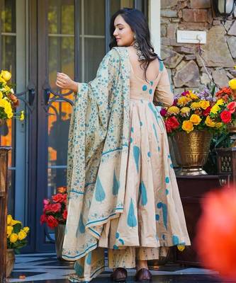 Cream floral printed silk blend fully flared anarkali suit 2