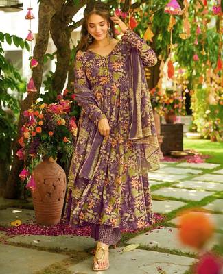 Purple floral printed silk blend fully flared anarkali suit 1