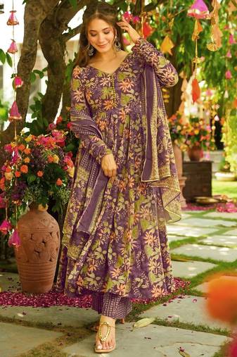 Purple floral printed silk blend fully flared anarkali suit