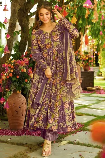 Purple floral printed silk blend fully flared anarkali suit