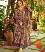 Purple floral printed silk blend fully flared anarkali suit