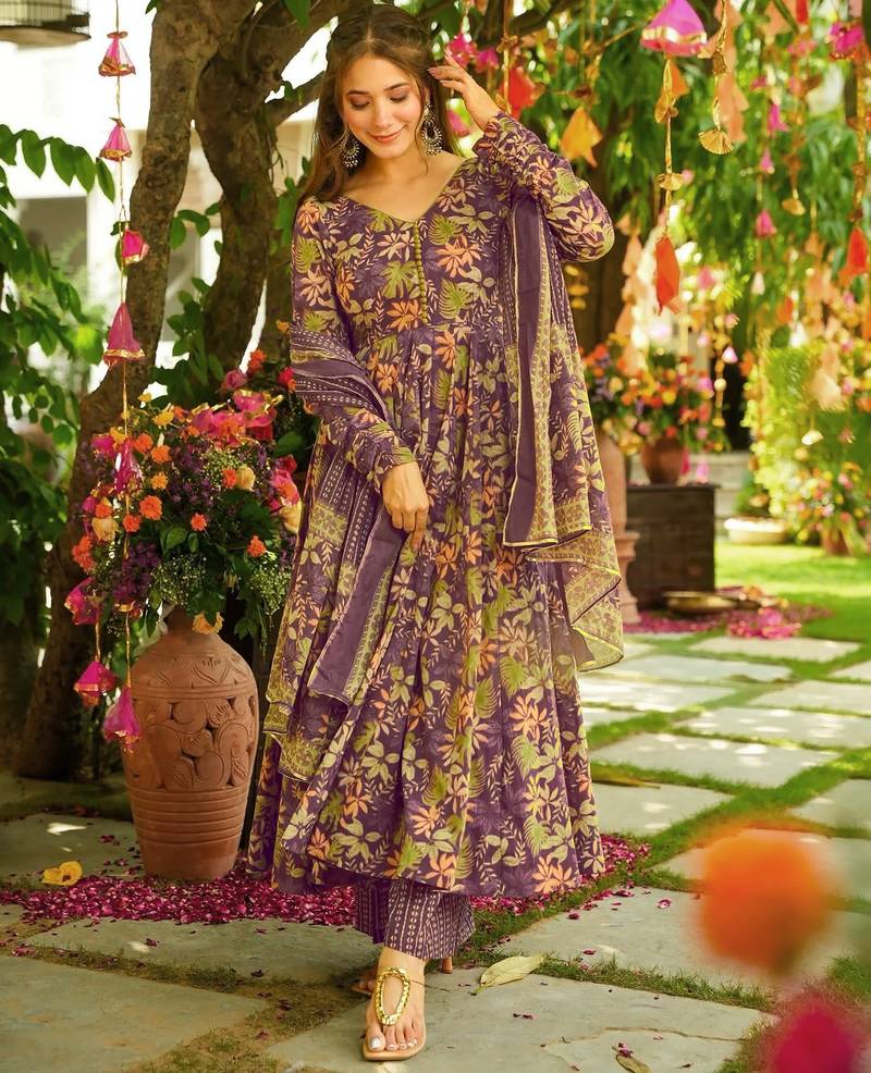 Purple floral printed silk blend fully flared anarkali suit
