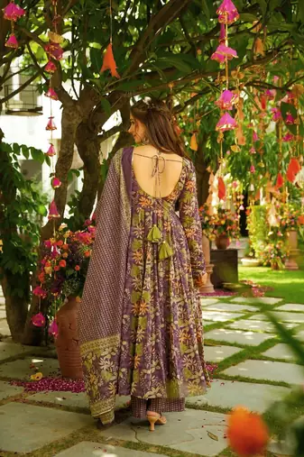 Purple floral printed silk blend fully flared anarkali suit