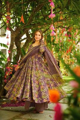 Purple floral printed silk blend fully flared anarkali suit 3