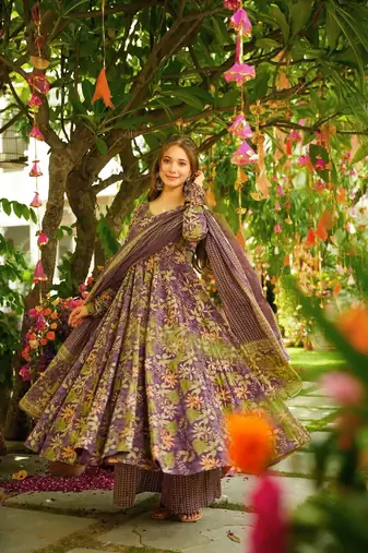 Purple floral printed silk blend fully flared anarkali suit