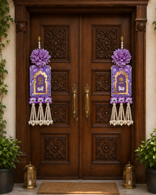 Handmade Purple Floral Pearl Beads Shubh Labh MDF Decorative Door Hanging (Pack of 2) 1