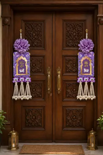Handmade Purple Floral Pearl Beads Shubh Labh MDF Decorative Door Hanging (Pack of 2)