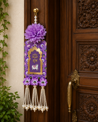 Handmade Purple Floral Pearl Beads Shubh Labh MDF Decorative Door Hanging (Pack of 2) 2