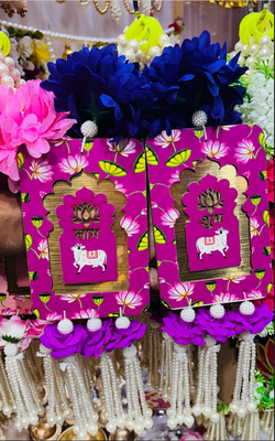 Handmade Purple Floral Pearl Beads Shubh Labh MDF Decorative Door Hanging (Pack of 2) 3