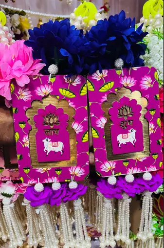 Handmade Purple Floral Pearl Beads Shubh Labh MDF Decorative Door Hanging (Pack of 2)