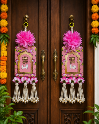 Handmade Pink Floral Pearl Beads Shubh Labh MDF Decorative Door Hanging (Pack of 2) 1